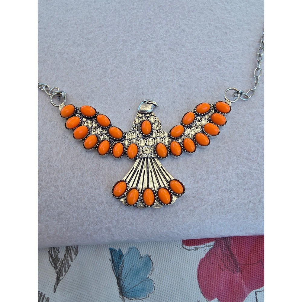 Safi Rae Orange Spiny Oyster Eagle Necklace Silver Tone Southwestern 18 Inch